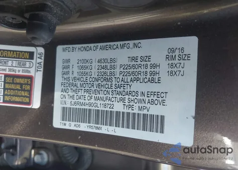 2016 Honda Cr-V Touring из США, поврежденный, VIN 5J6RM4H90GL118722